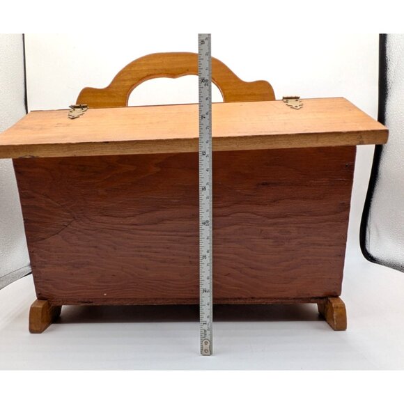 Vtg Portable Wooden Sewing Yarn Craft Box Two Flip Hinged Doors Handle 12" - Picture 10 of 11